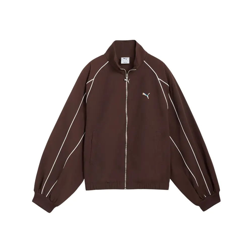 T7 Balloon Sleeve Piping Relaxed Woven Track Jacket Brown