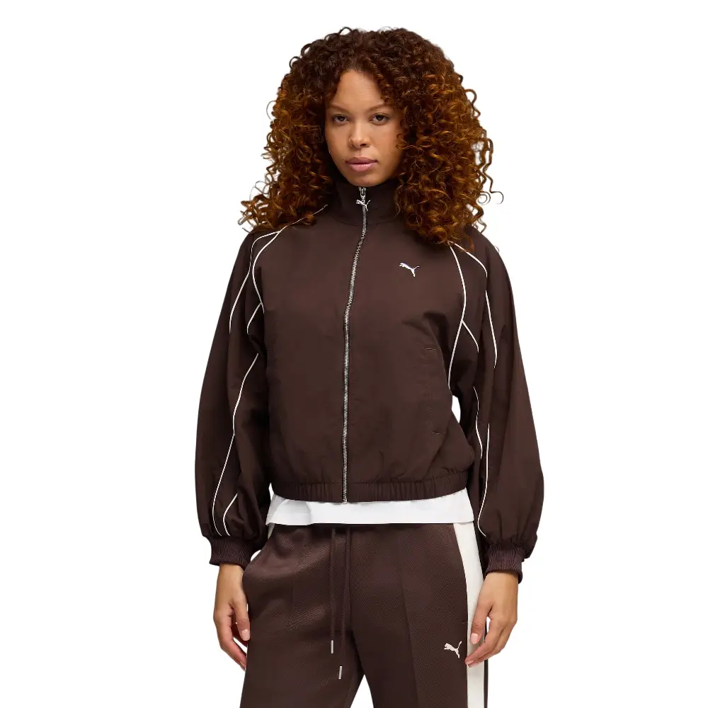 T7 Balloon Sleeve Piping Relaxed Woven Track Jacket Brown - Image 3