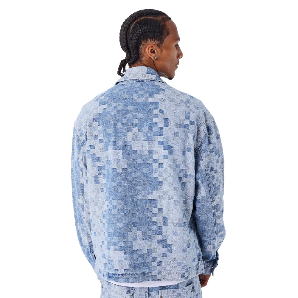 Pixelated Checkered Denim Jacket Blue - Image 2