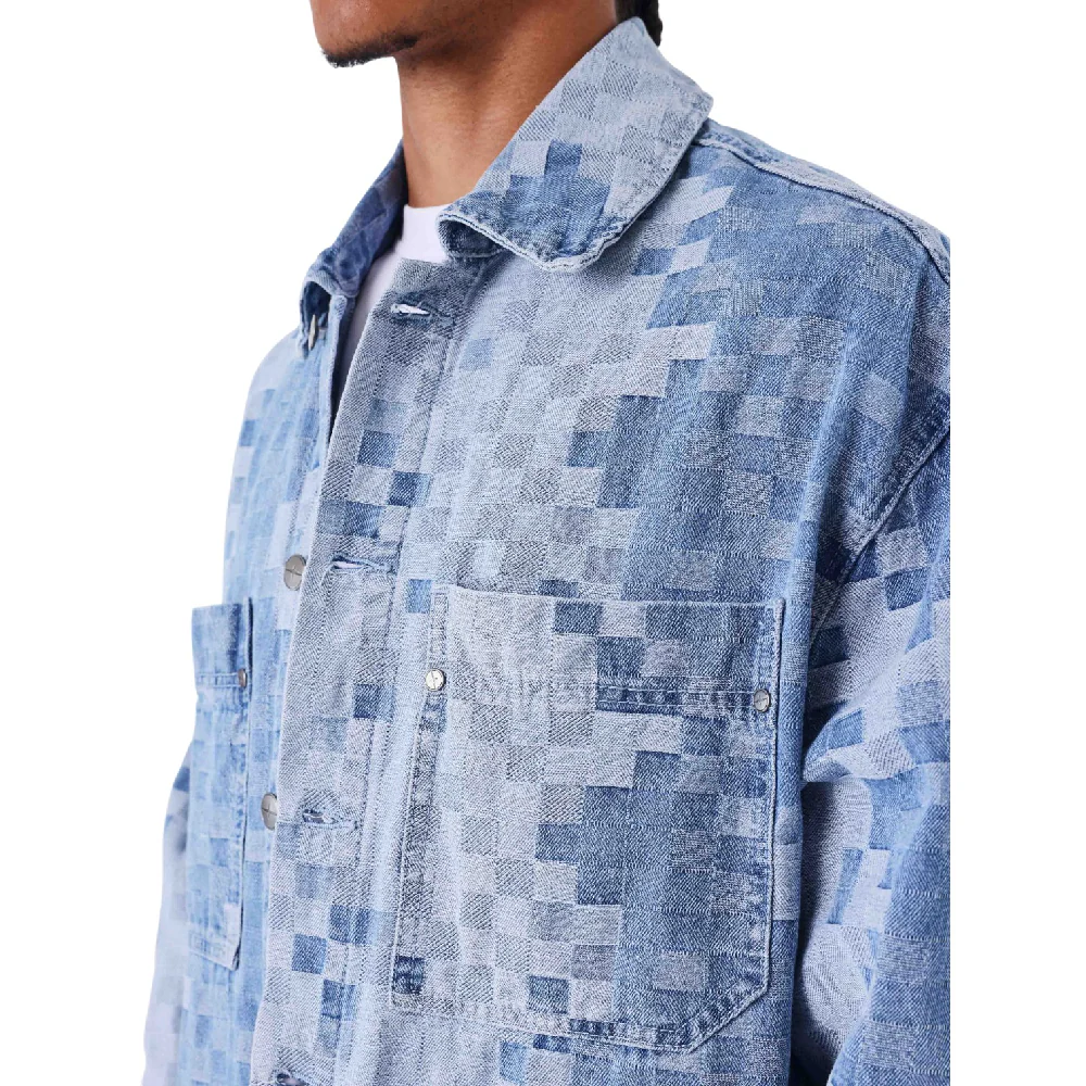 Pixelated Checkered Denim Jacket Blue - Image 4
